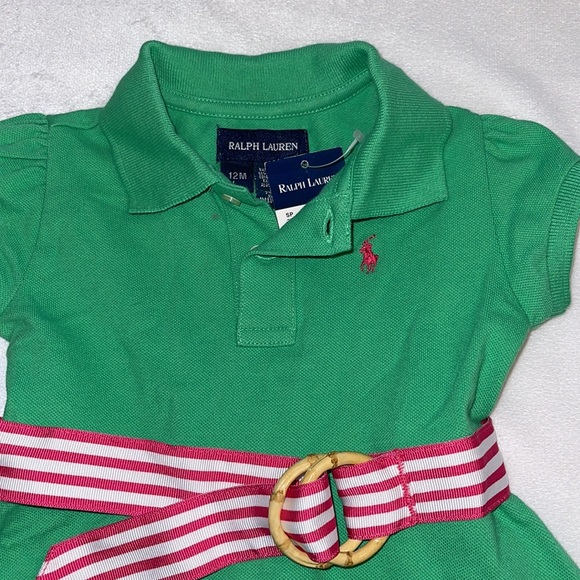 NWT Ralph Lauren Green W/Pink & White Belt Short Sleeve Polo Dress 12 Months - Picture 2 of 5